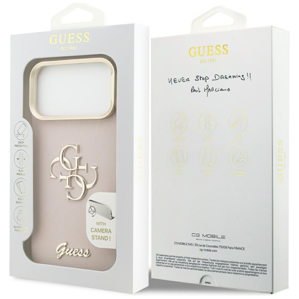 Husa pentru Apple iPhone 17 Pro, Guess, Grained Big 4G Stand Camera, Roz