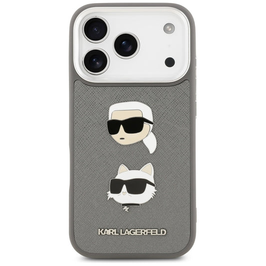 Husa pentru Apple iPhone 17 Pro, Karl Lagerfeld, Grained Karl & Choupette's Heads Pins and Logo, Gri