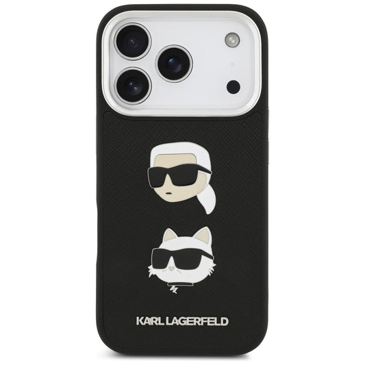 Husa pentru Apple iPhone 17 Pro, Karl Lagerfeld, Grained Karl & Choupette's Heads Pins and Logo, Neagra