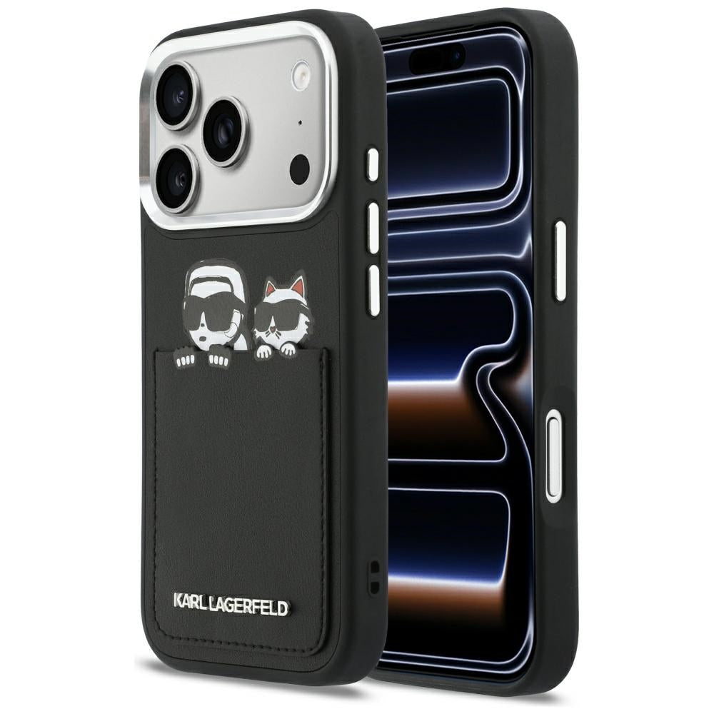 Husa pentru Apple iPhone 17 Pro, Karl Lagerfeld, Karl & Choupette Print with Pocket, Neagra