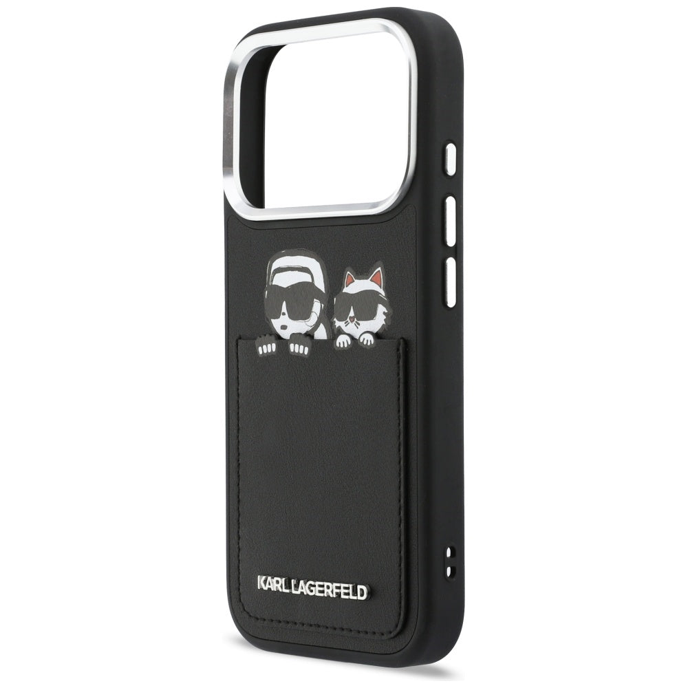 Husa pentru Apple iPhone 17 Pro, Karl Lagerfeld, Karl & Choupette Print with Pocket, Neagra