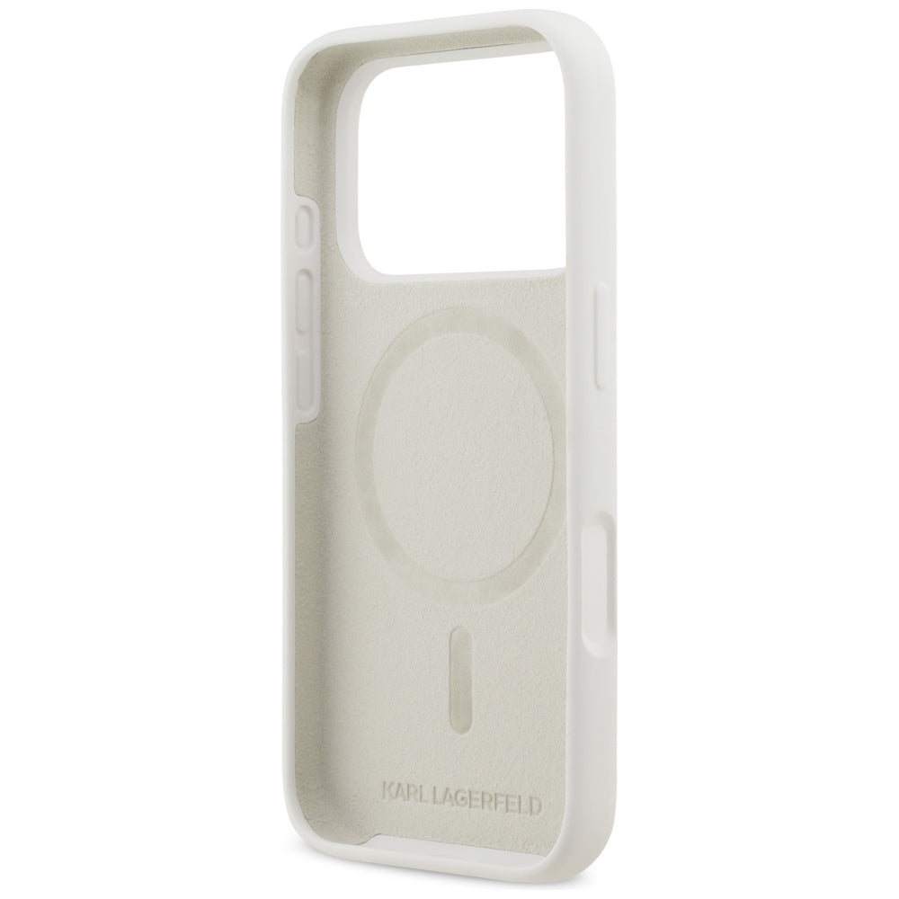 Husa pentru Apple iPhone 17 Pro, Karl Lagerfeld, Sketch and Logo Karl, Alba