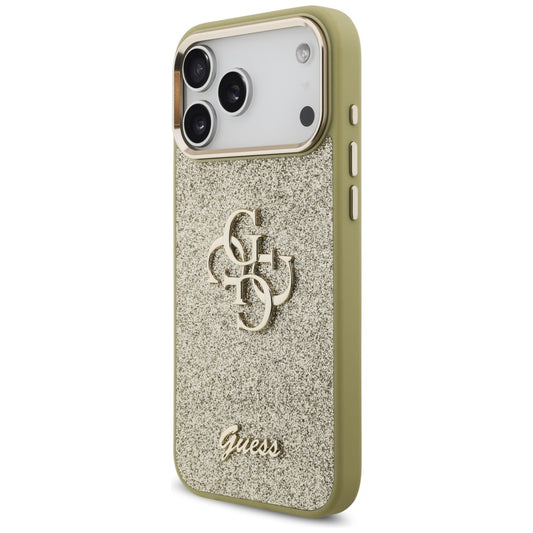 Husa pentru Apple iPhone 17 Pro Max, Guess, Fixed Glitter Big 4G Metal Frame, Aurie