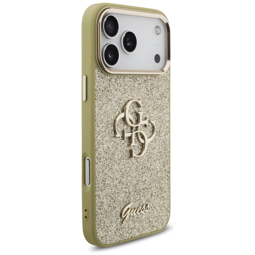 Husa pentru Apple iPhone 17 Pro Max, Guess, Fixed Glitter Big 4G Metal Frame, Aurie
