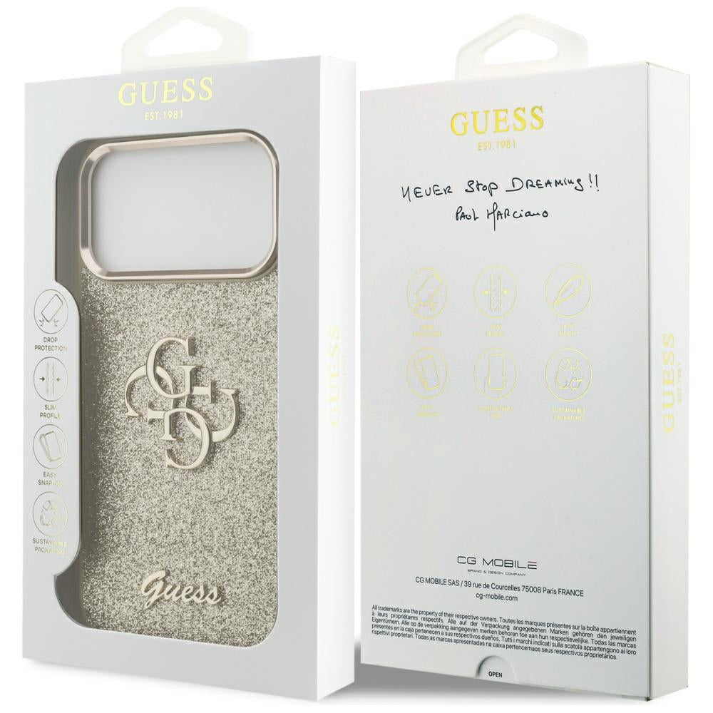 Husa pentru Apple iPhone 17 Pro Max, Guess, Fixed Glitter Big 4G Metal Frame, Aurie