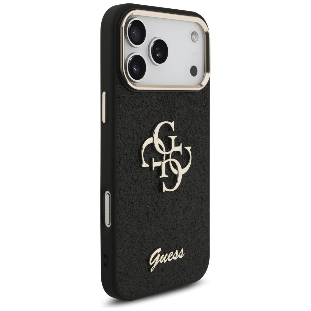 Husa pentru Apple iPhone 17 Pro Max, Guess, Fixed Glitter Big 4G Metal Frame, Neagra