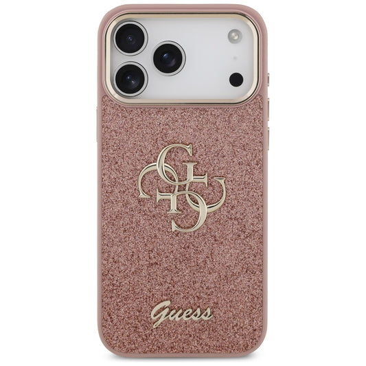 Husa pentru Apple iPhone 17 Pro Max, Guess, Fixed Glitter Big 4G Metal Frame, Roz