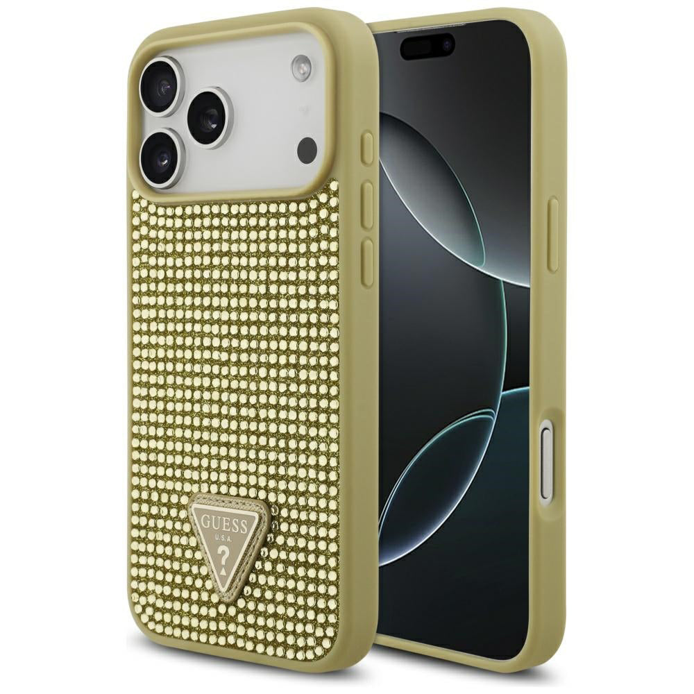 Husa pentru Apple iPhone 17 Pro Max, Guess, Rhinestone Triangle Logo, Aurie