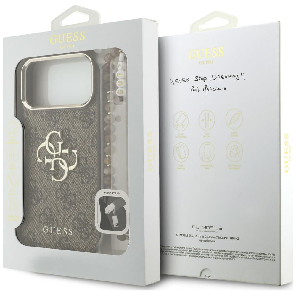 Husa pentru Apple iPhone 18 Pro / 17 Pro, Guess, 4G Classic Logo with Strap, Maro Aurie