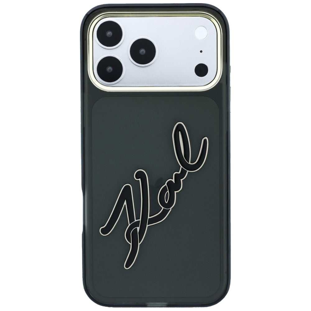 Husa pentru Apple iPhone 18 Pro / 17 Pro, Karl Lagerfeld, IML Big Signature Resin Logo and Metal Frame, Neagra