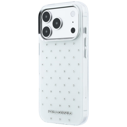 Husa pentru Apple iPhone 18 Pro / 17 Pro, Karl Lagerfeld, IML Rhinestones and Electroplated Logo, Alba