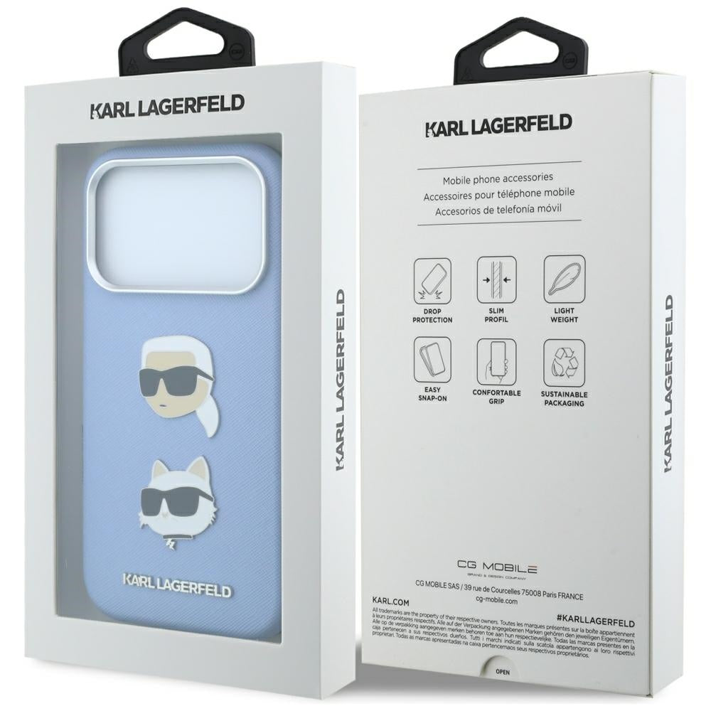 Husa pentru Apple iPhone 18 Pro / 17 Pro, Karl Lagerfeld, Saffiano with Karl & Choupette Head's Pin and Logo, Bleu
