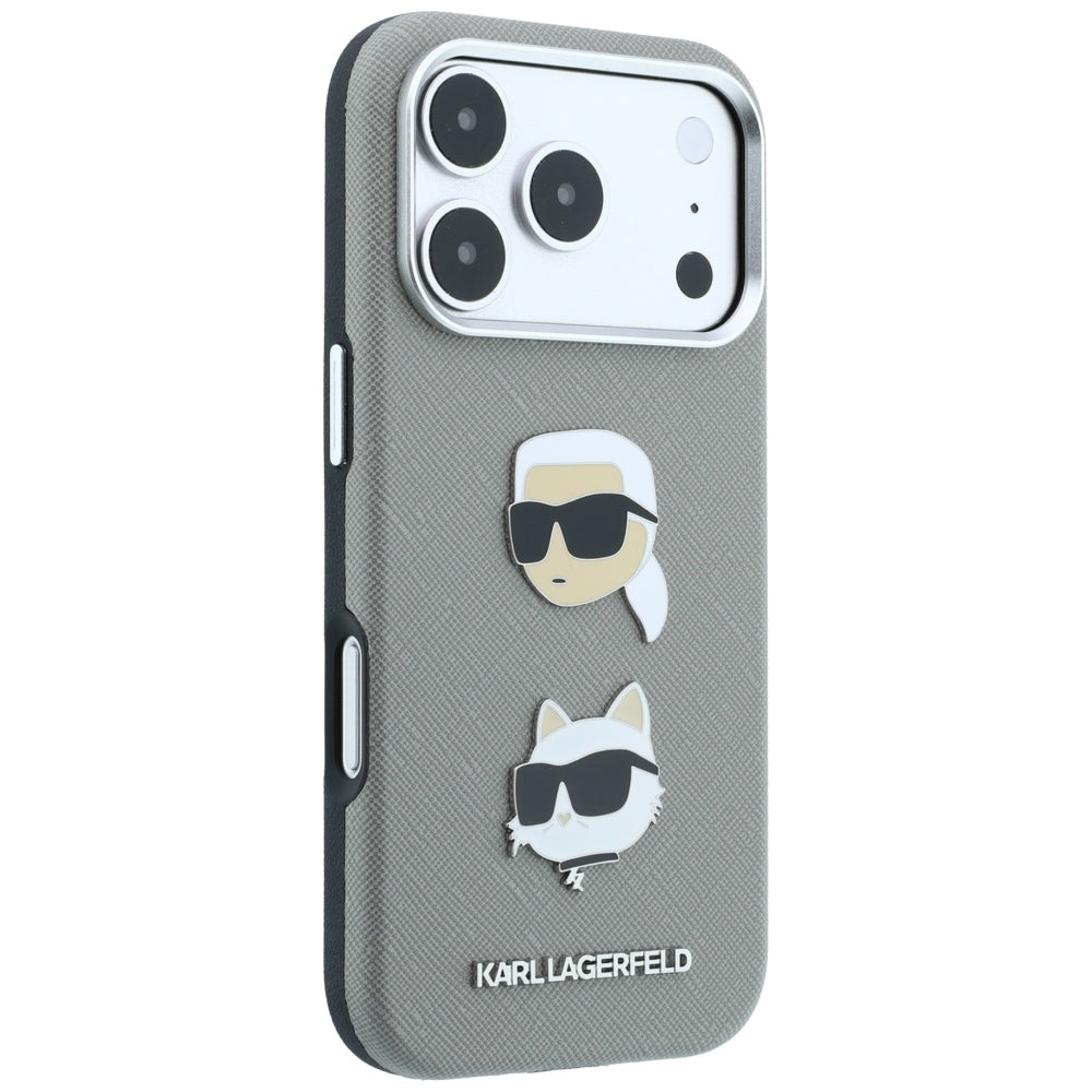 Husa pentru Apple iPhone 18 Pro / 17 Pro, Karl Lagerfeld, Saffiano with Karl & Choupette Head's Pin and Logo, Gri