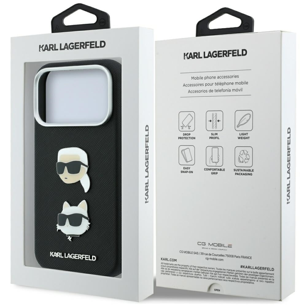 Husa pentru Apple iPhone 18 Pro / 17 Pro, Karl Lagerfeld, Saffiano with Karl & Choupette Head's Pin and Logo, Neagra