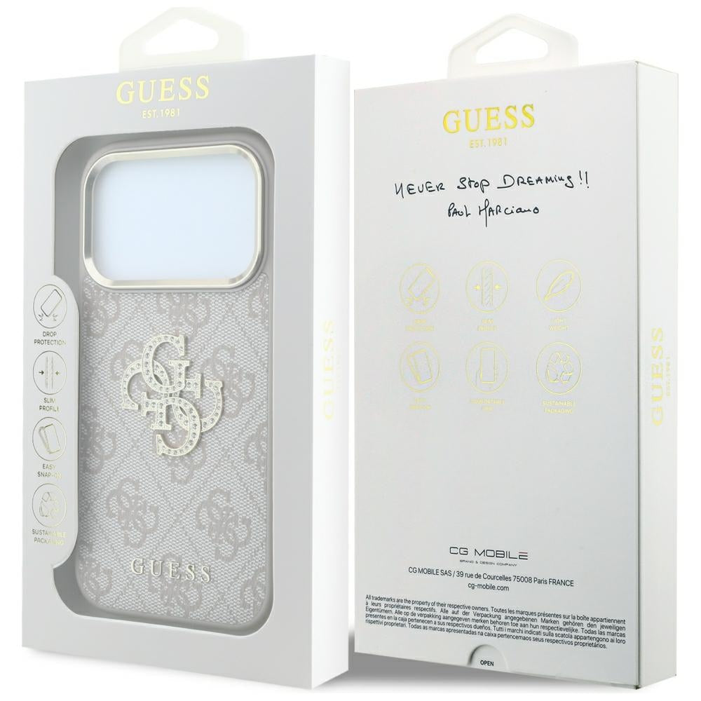 Husa pentru Apple iPhone 18 Pro Max / 17 Pro Max, Guess, 4G Big Strass Logo, Roz