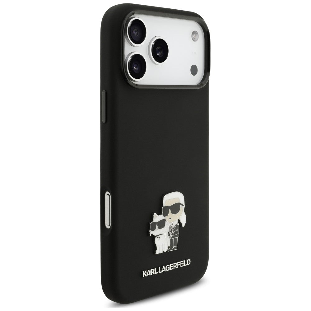 Husa pentru Apple iPhone 18 Pro Max / 17 Pro Max, Karl Lagerfeld, Karl & Choupette Metal Pin, Neagra