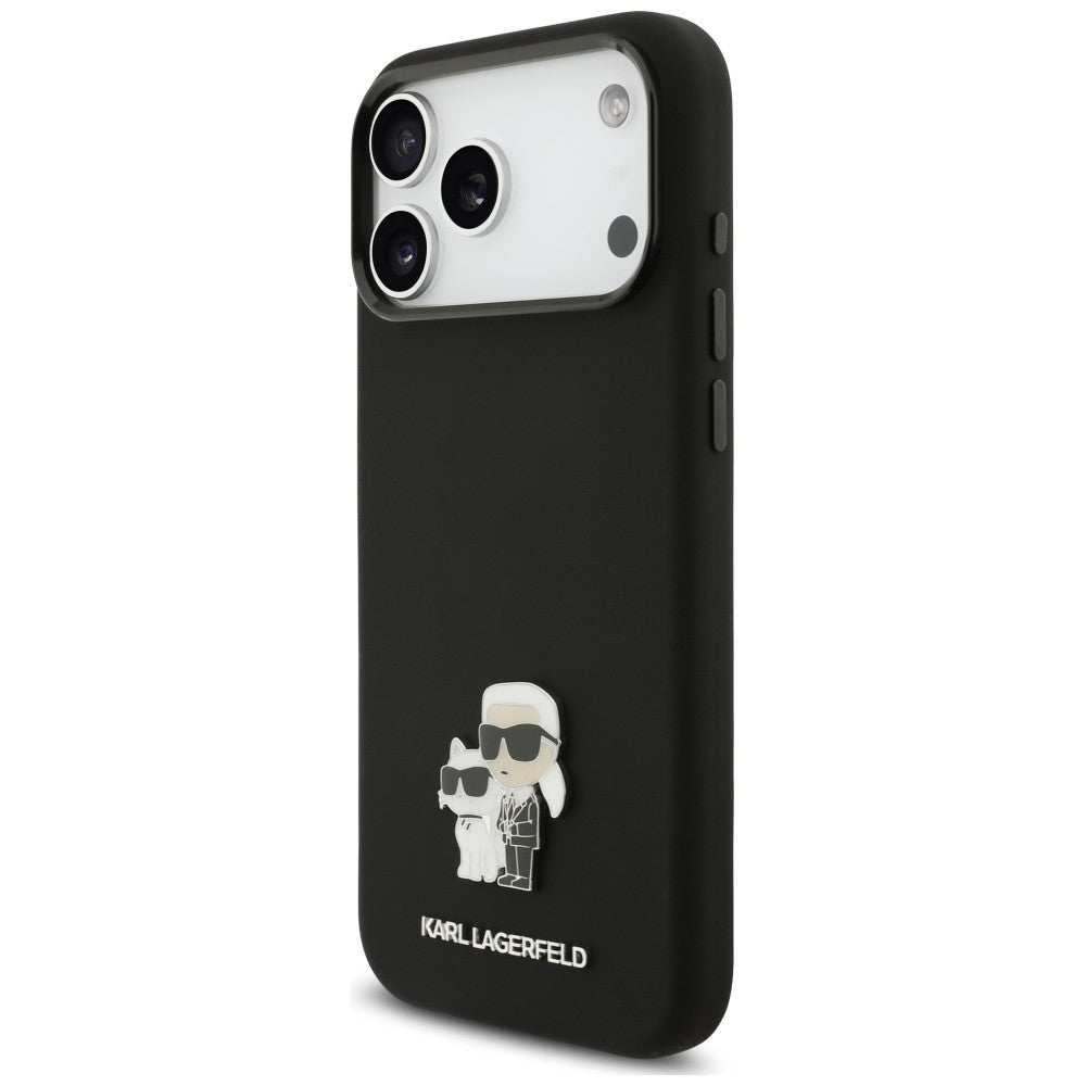 Husa pentru Apple iPhone 18 Pro Max / 17 Pro Max, Karl Lagerfeld, Karl & Choupette Metal Pin, Neagra