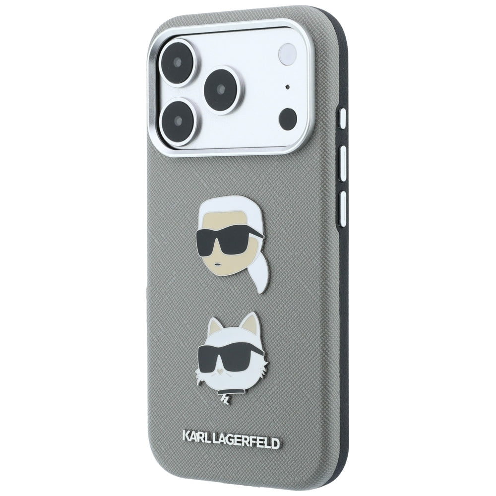 Husa pentru Apple iPhone 18 Pro Max / 17 Pro Max, Karl Lagerfeld, Saffiano with Karl & Choupette Head's Pin and Logo, Gri