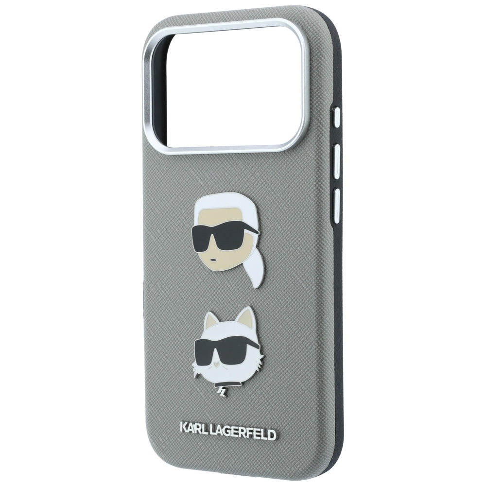 Husa pentru Apple iPhone 18 Pro Max / 17 Pro Max, Karl Lagerfeld, Saffiano with Karl & Choupette Head's Pin and Logo, Gri