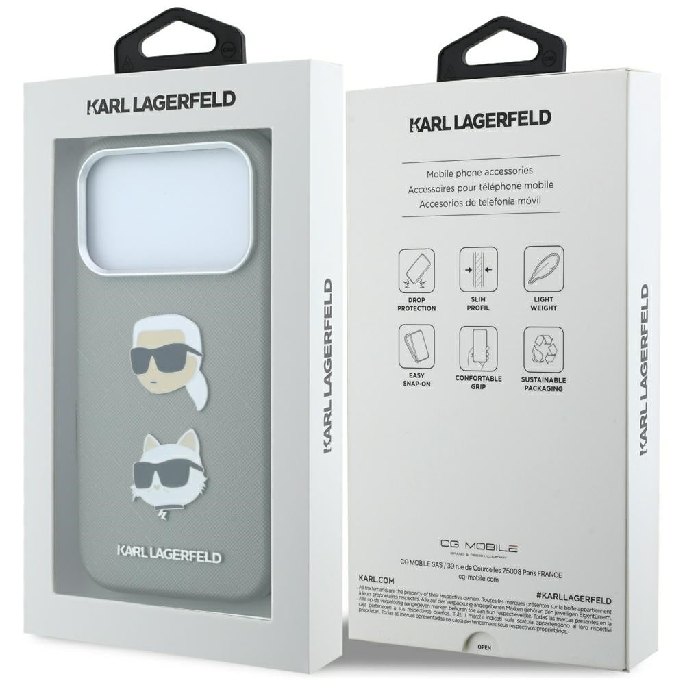 Husa pentru Apple iPhone 18 Pro Max / 17 Pro Max, Karl Lagerfeld, Saffiano with Karl & Choupette Head's Pin and Logo, Gri