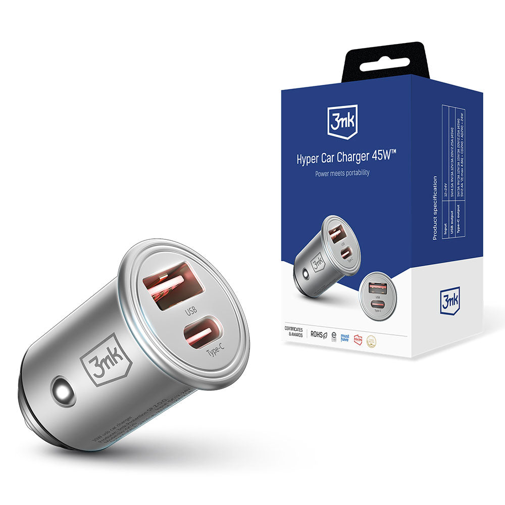 Incarcator Auto 3MK Hyper, 45W, 3A, 1 x USB-A - 1 x USB-C, Argintiu