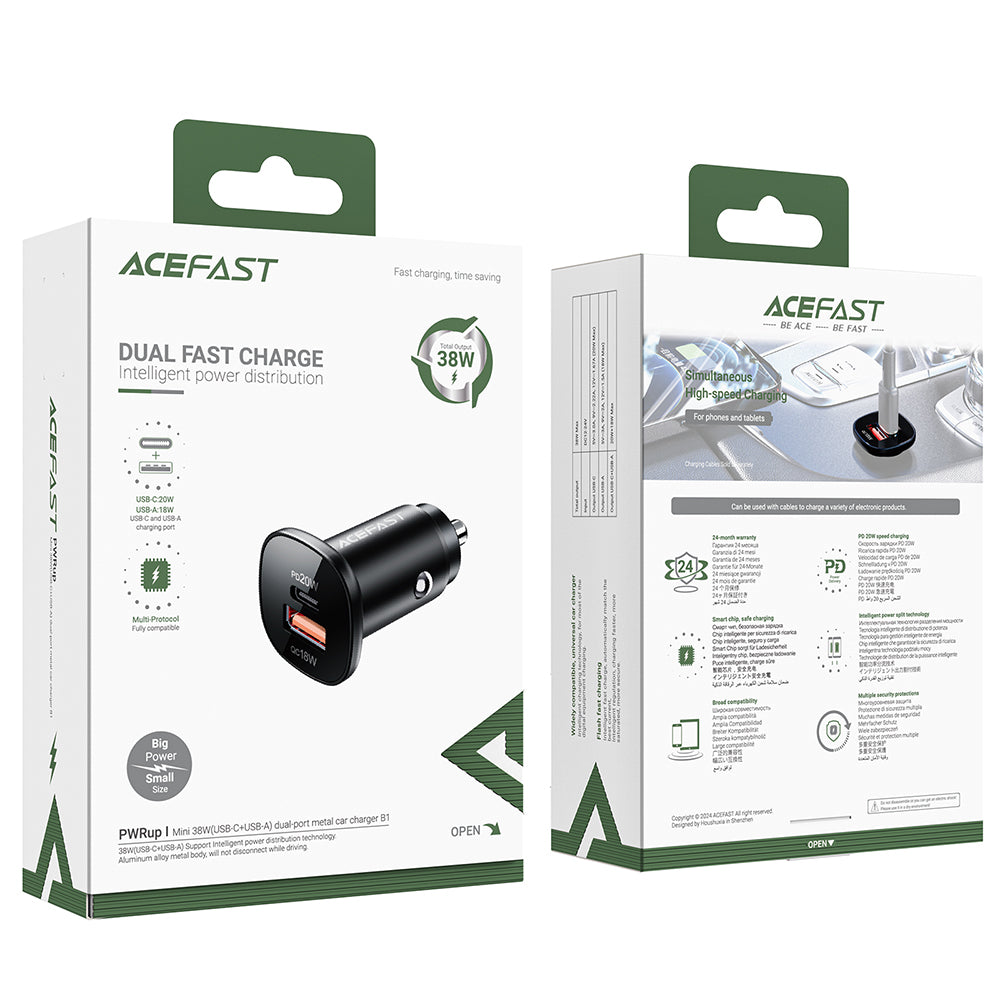 Incarcator Auto Acefast B1, 38W, 3A, 1 x USB-A - 1 x USB-C, Negru