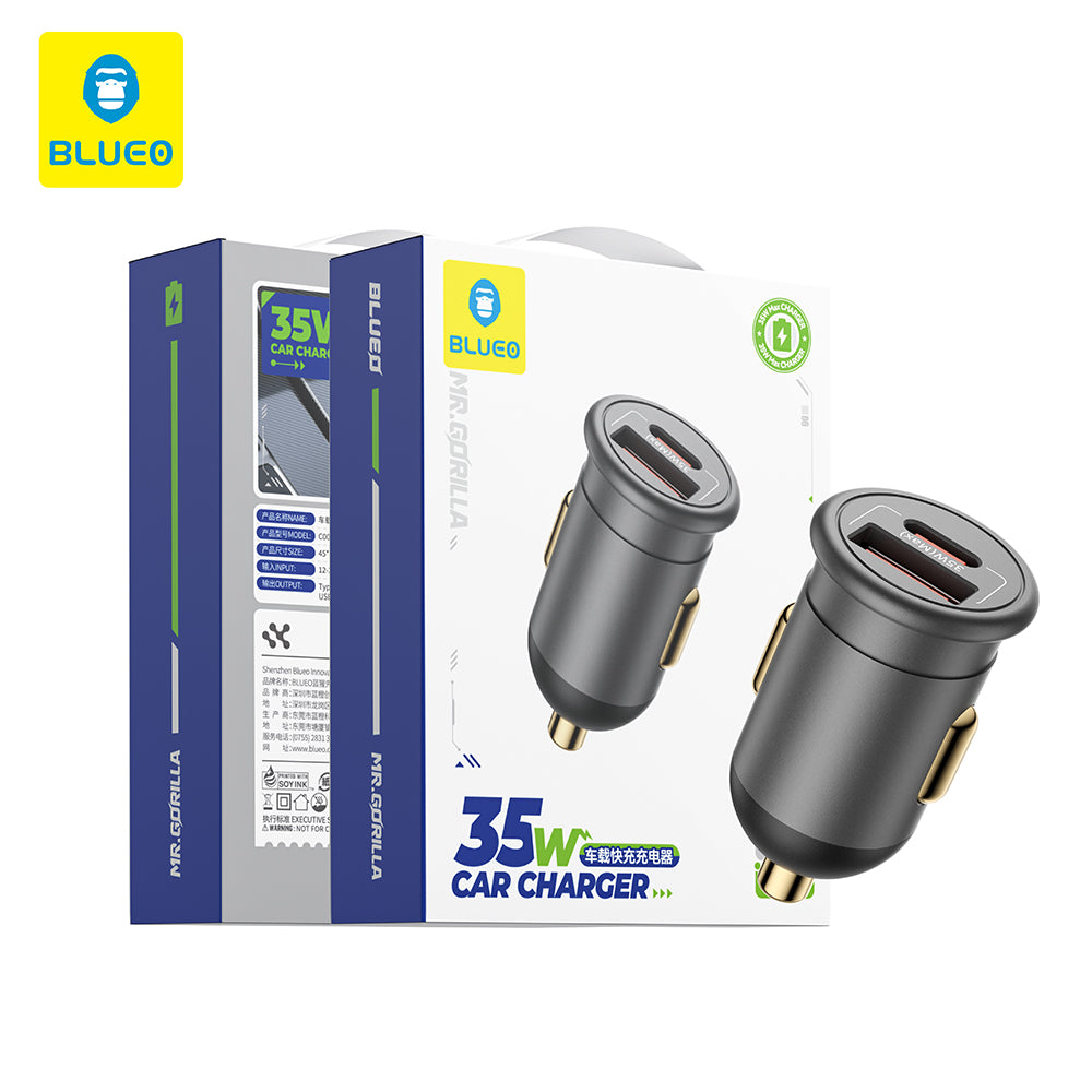 Incarcator Auto Blueo, 35W, 3A, 1 x USB-A - 1 x USB-C, Gri