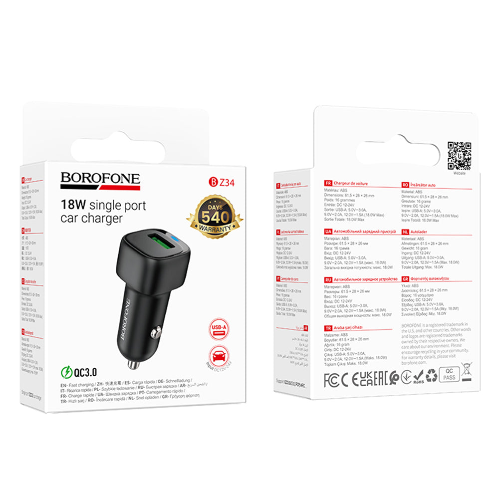 Incarcator Auto Borofone BZ34 Cloud, 18W, 3A, 1 x USB-A, Negru