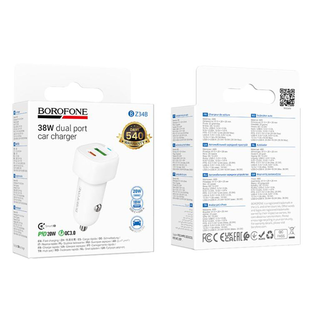 Incarcator Auto Borofone BZ34B Cloud, 20W, 3A, 1 x USB-A - 1 x USB-C, Alb