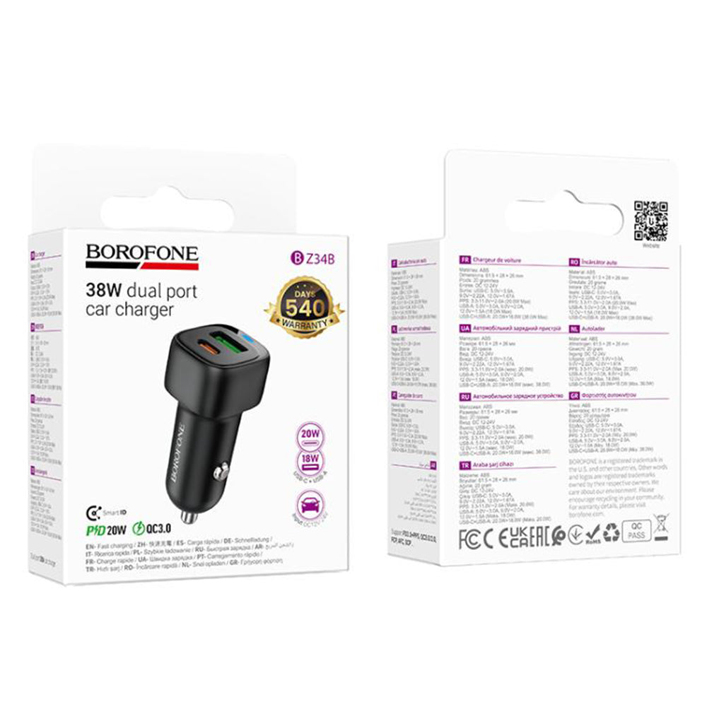 Incarcator Auto Borofone BZ34B Cloud, 38W, 3A, 1 x USB-A - 1 x USB-C, Negru