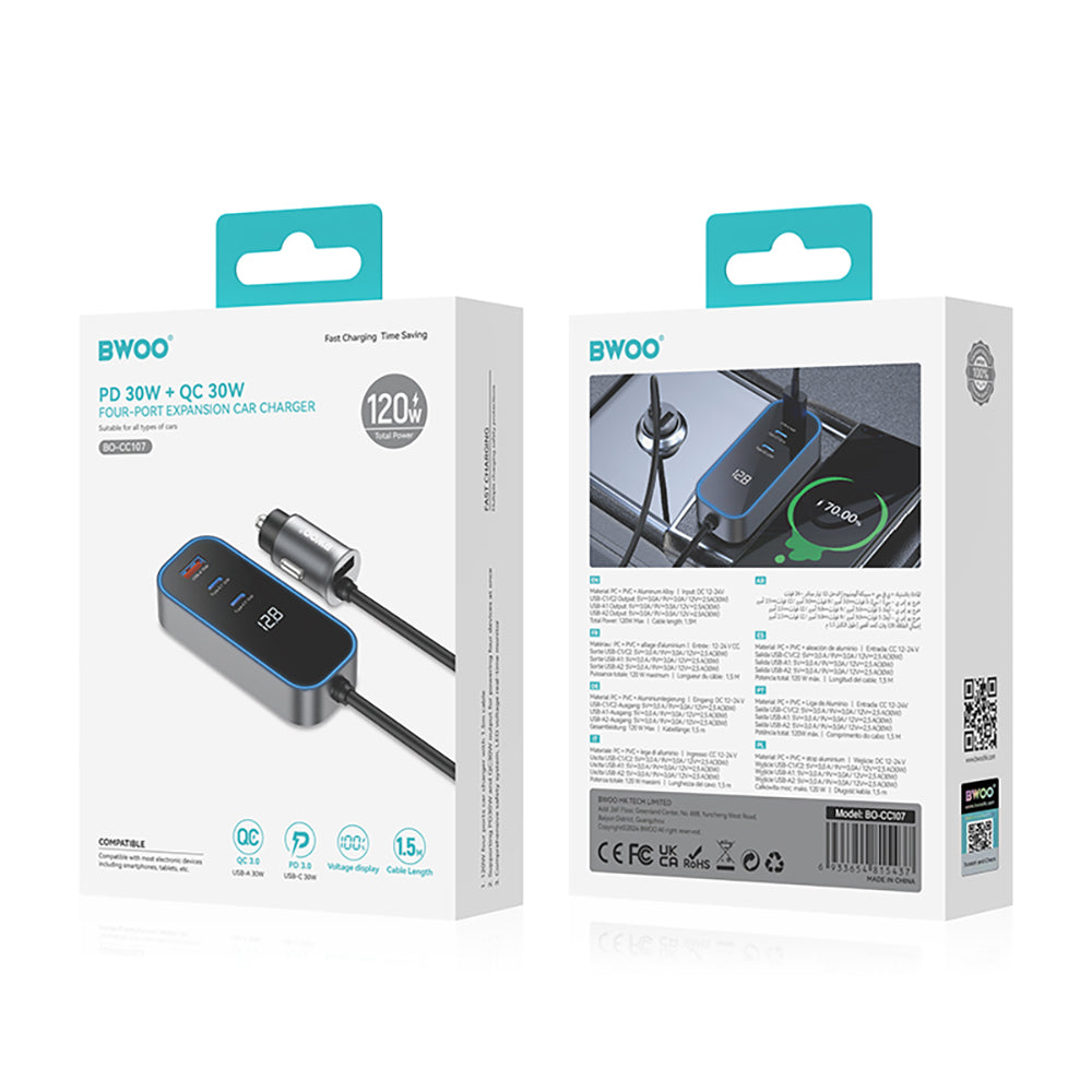 Incarcator Auto BWOO CC107 Display, 120W, 3A, 2 x USB-A - 2 x USB-C, Negru