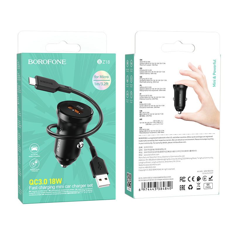 Incarcator Auto Cu Cablu microUSB Borofone BZ18, 18W, 3A, 1 x USB-A, Negru