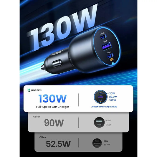 Incarcator Auto Cu Cablu USB-C UGREEN CD293, 130W, 5A, 1 x USB-A - 2 x USB-C, Negru