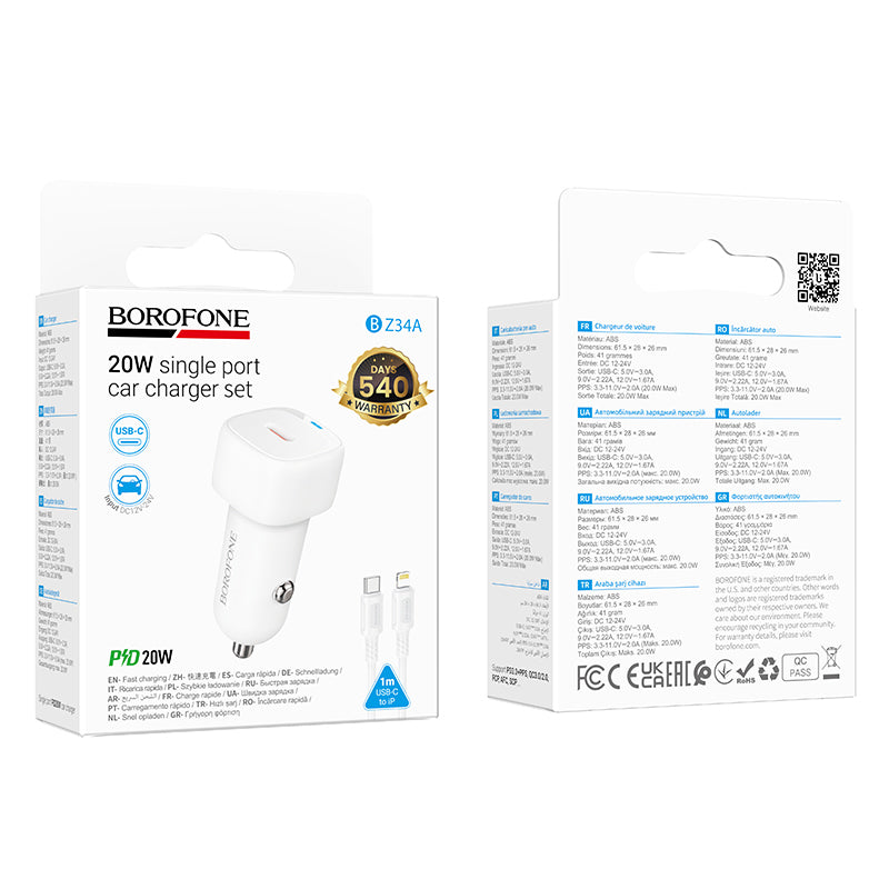 Incarcator Auto Cu Cablu Lightning Borofone BZ34B Cloud, 20W, 3A, 1 x USB-A - 1 x USB-C, Alb