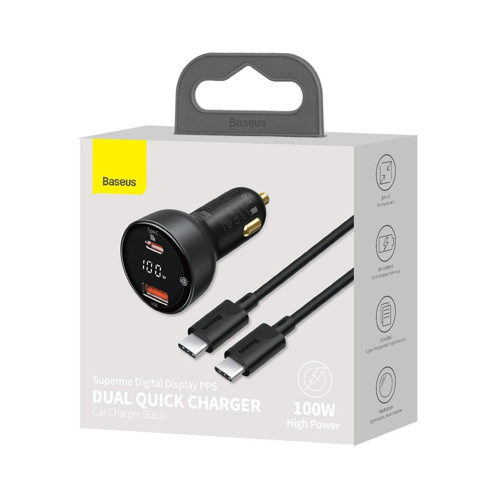 Incarcator Auto Cu Cablu USB-C Baseus Superme, 100W, 5A, 1 x USB-A - 1 x USB-C, Negru TZCCZX-01