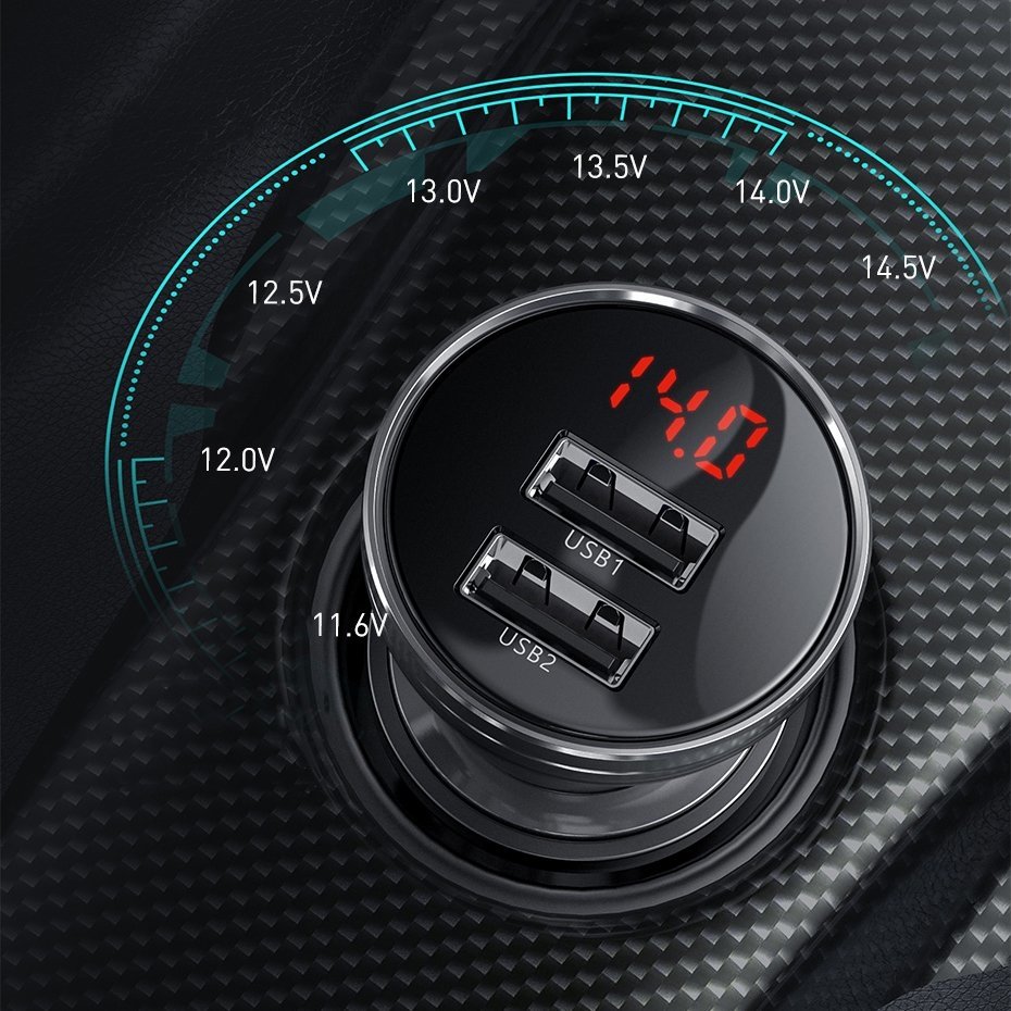 Incarcator Auto Cu Cablu Lightning - microUSB - USB-C Baseus Digital Display, 24W, 2.4A, 2 x USB-A, Gri TZCCBX-0G