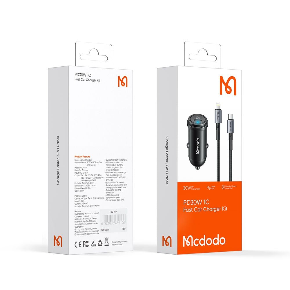 Incarcator Auto Cu Cablu Lightning McDodo CC-7492 Obsidian, 30W, 3A, 1 x USB-C, Negru