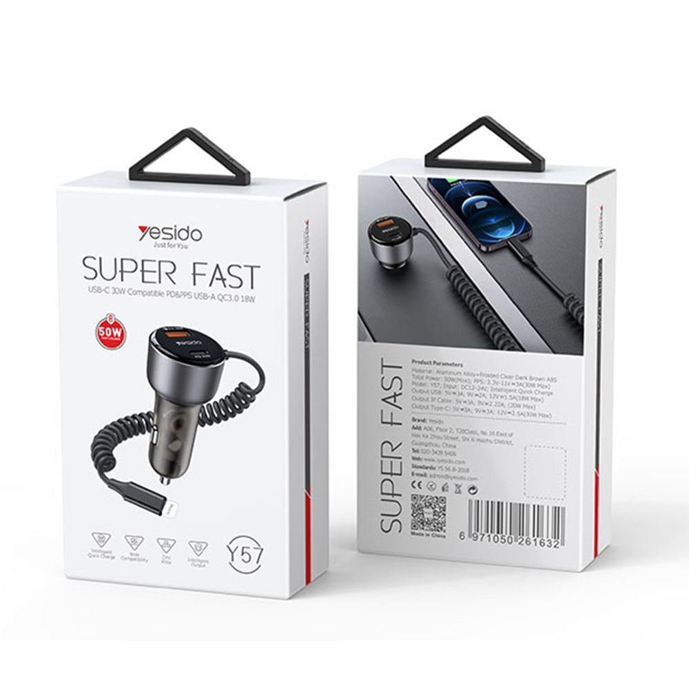 Incarcator Auto Cu Cablu Lightning Yesido Y57, 50W, 3A, 1 x USB-A - 1 x USB-C, Negru