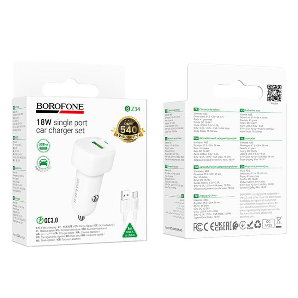 Incarcator Auto Cu Cablu USB-C Borofone BZ34 Cloud, 18W, 3A, 1 x USB-A, Alb