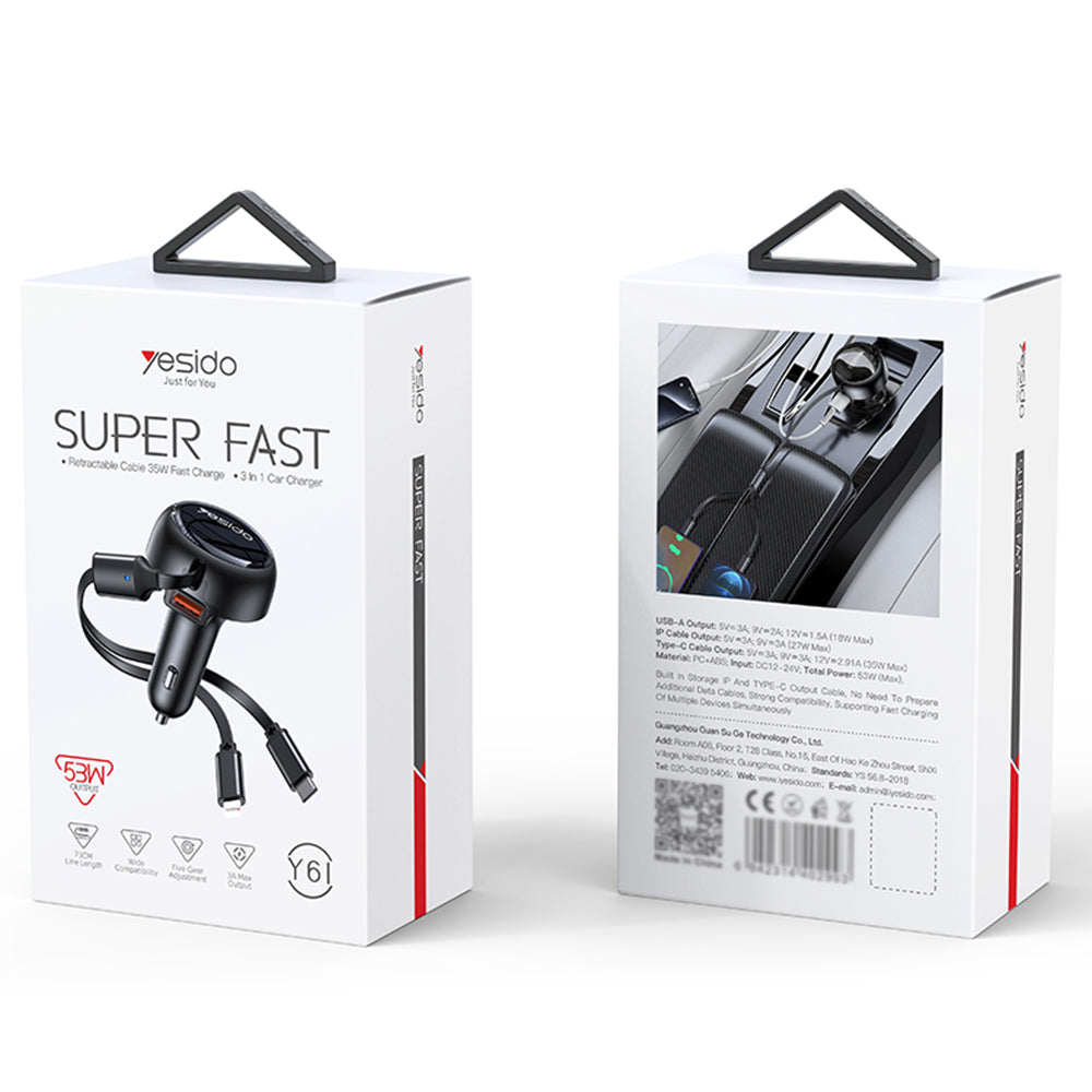 Incarcator Auto Cu Cablu USB-C / Lightning Yesido Y61, 53W, 3A, 1 x USB-A, Negru
