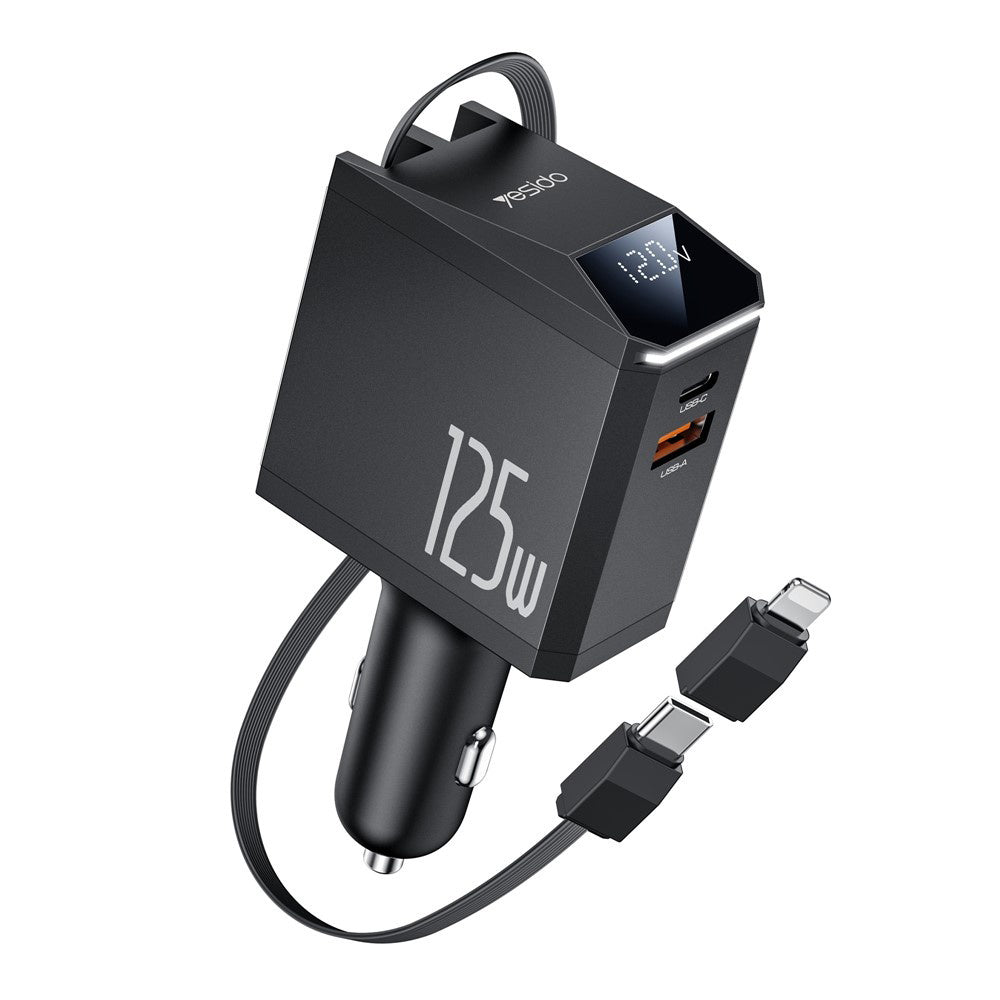 Incarcator Auto Cu Cablu USB-C / Lightning Yesido Y71 Display, 125W, 3A, 1 x USB-A - 1 x USB-C, Negru