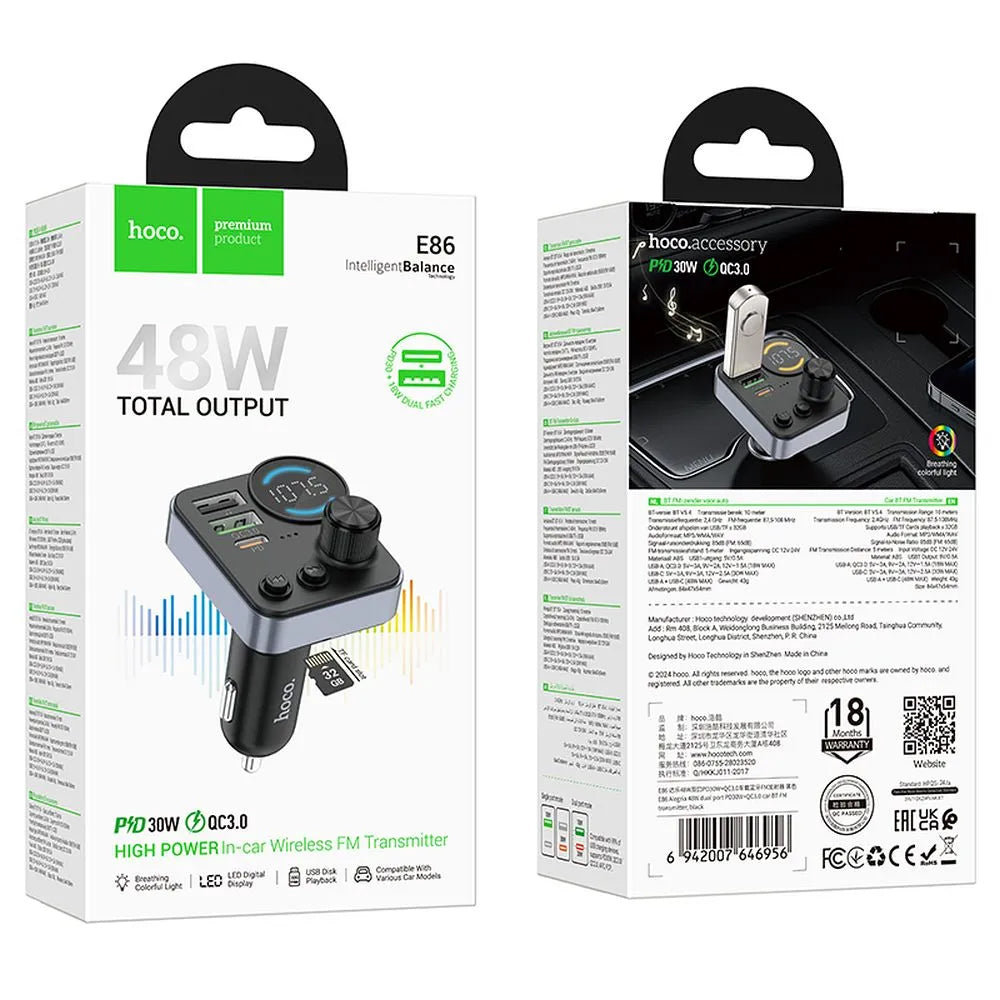 Modulator FM Bluetooth HOCO E86, 2 x USB-A - 1 x USB-C - 1 x microSD