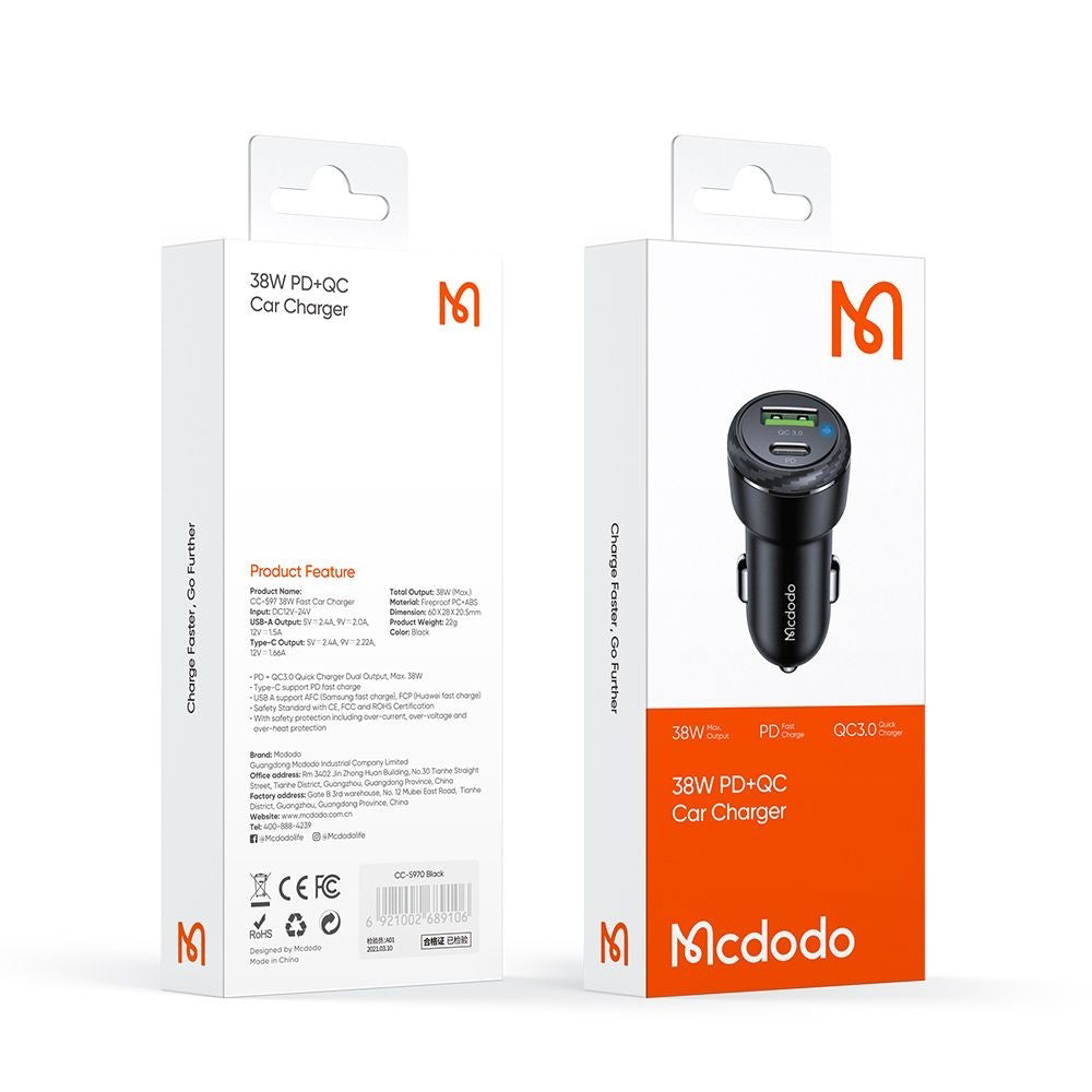 Incarcator Auto McDodo CC-5970, 38W, 3A, 1 x USB-A - 1 x USB-C, Negru
