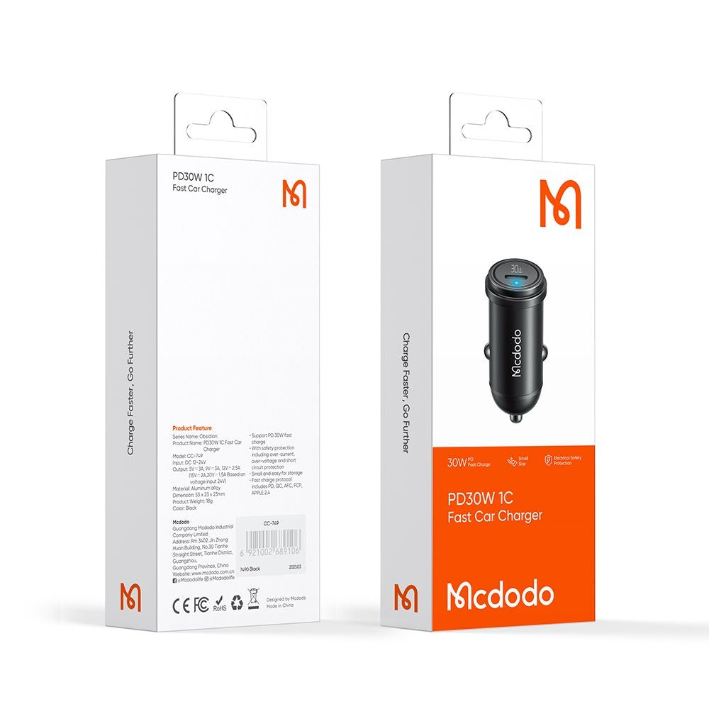 Incarcator Auto McDodo CC-7491 Obsidian, 30W, 3A, 1 x USB-C, Negru