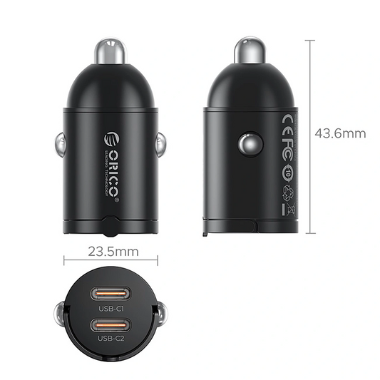 Incarcator Auto Orico MiniRing, 30W, 3A, 2 x USB-C, Negru