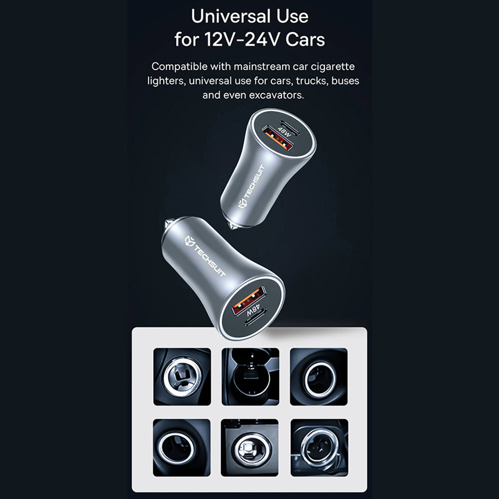 Incarcator Auto Techsuit C3 RescueVolt, 48W, 3A, 1 x USB-A - 1 x USB-C, Gri