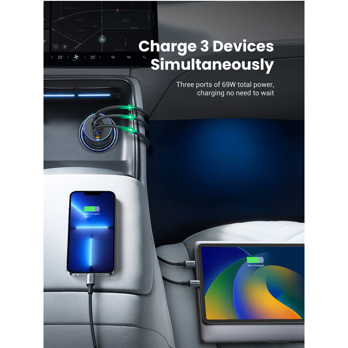 Incarcator Auto UGREEN EC703, 75W, 3.25A, 1 x USB-A - 2 x USB-C, Negru