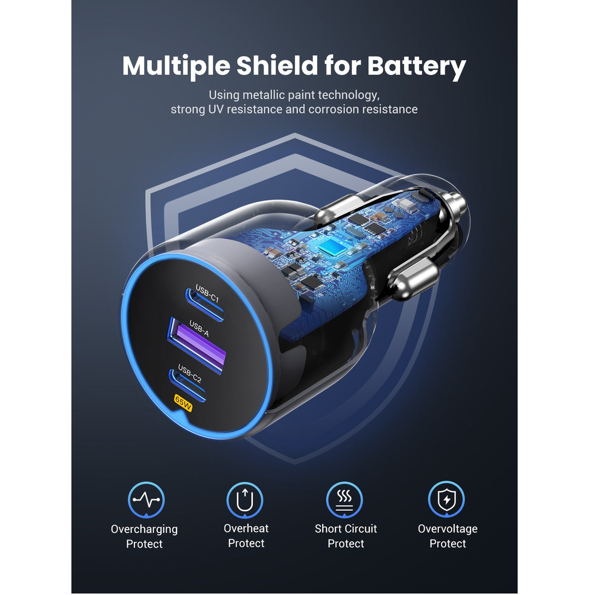 Incarcator Auto UGREEN EC703, 75W, 3.25A, 1 x USB-A - 2 x USB-C, Negru