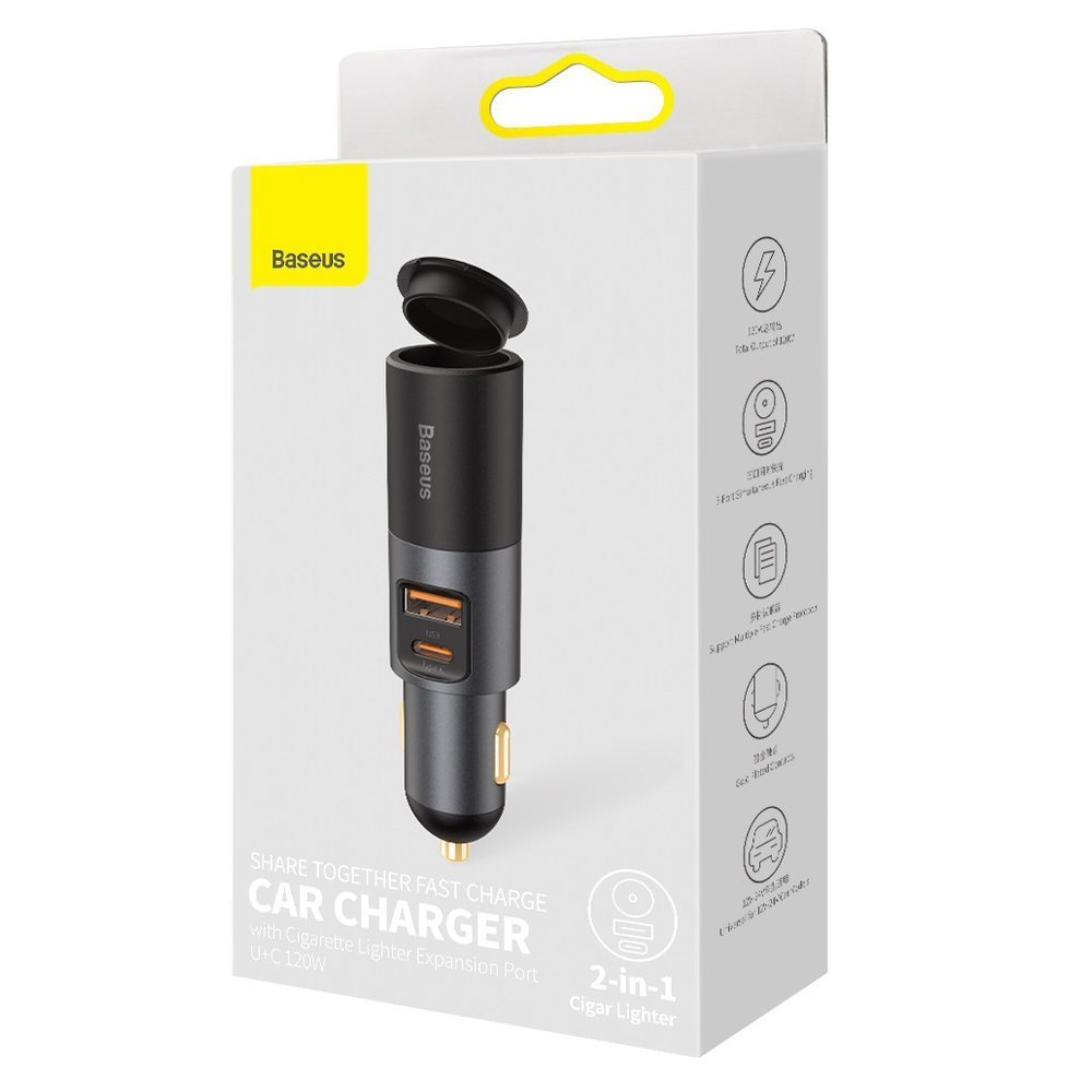 Incarcator Auto Baseus Share Together, 120W, 3A, 1 x USB-A - 1 x USB-C - 1 x Extensie Bricheta, Gri CCBT-C0G