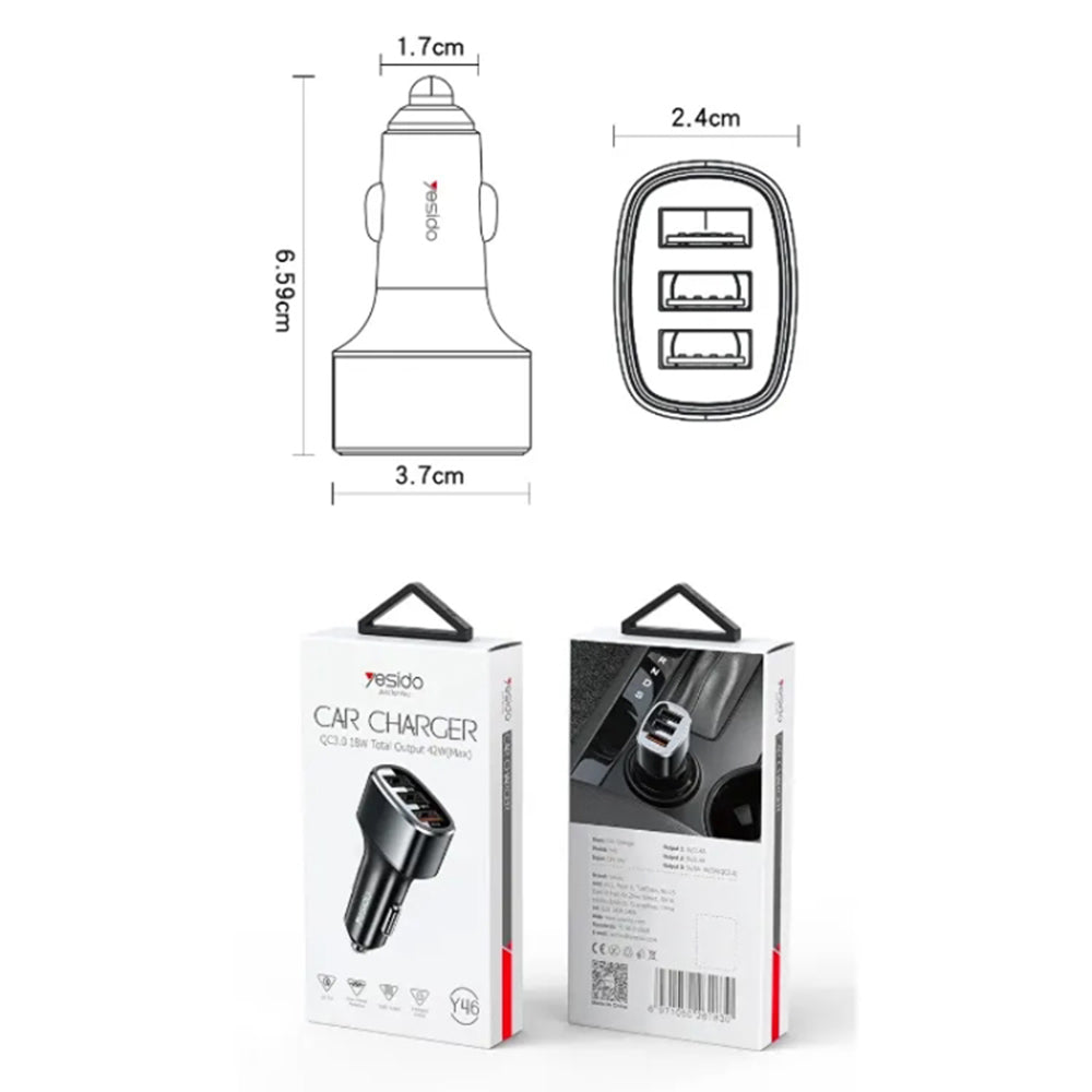 Incarcator Auto Yesido Y46, 42W, 3A, 3 x USB-A, Negru